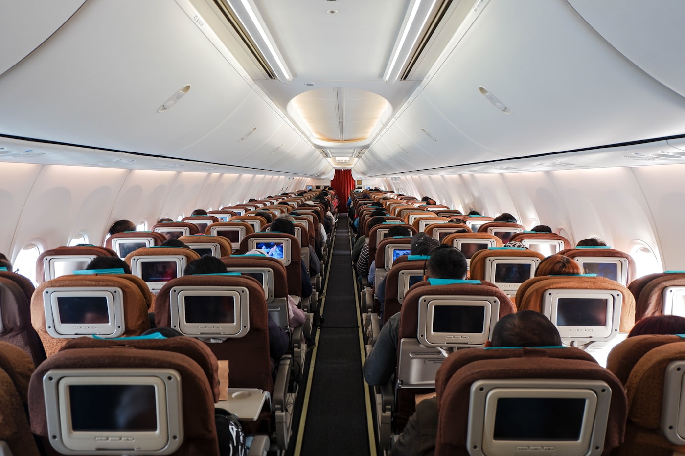 The cabin of a passenger aircraft